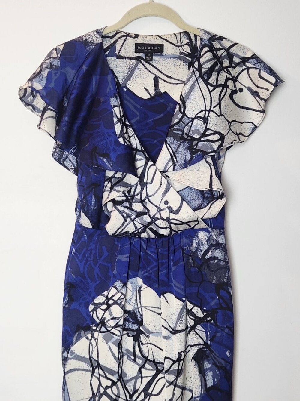 Julie Dillon Ruffle Bodice, Deep V Abstract Printed Knee Length, Georgette Dress